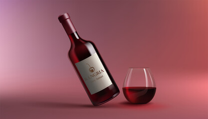A realistic 3D wine bottle of sangria, mockup with a glass of wine. This fruity cocktail features red fluid, on smooth background, perfect for celebrations and parties. Not AI.