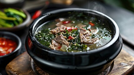 Korean food. Seaweed soup with meat in a black bowl. - obrazy, fototapety, plakaty