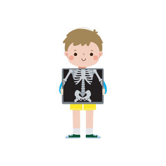 cute cartoon european kid with x-ray screen showing internal organs and skeleton. x ray check bones child, Element of infographics for kid Vector illustration isolated on white background