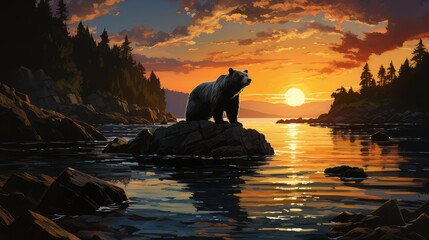 silhouette of a wild bear in the sunset