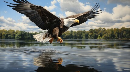 Majestic eagle huntiong over the water. 