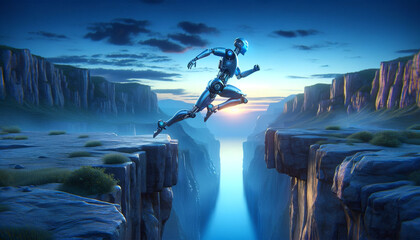 A humanoid robot leaping across a canyon at dusk.