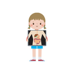 cute cartoon european kid with x-ray screen showing internal organs and skeleton. x ray check bones child, Element of infographics for kid Vector illustration isolated on white background