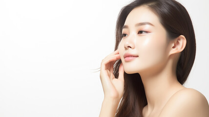 Naklejka premium Beautiful asian girl model touching fresh glowing hydrated facial skin on whitw background. Beauty face. Skin care concept. Copy Space.