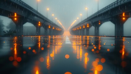 Rain-slicked road, reflective surfaces, orange street lights, evening, bridges converging, moody atmosphere