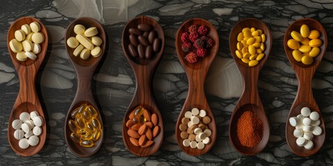 Fototapeta na wymiar Assorted supplements and vitamins on wooden spoons, health concept, nutrition, dietary aids