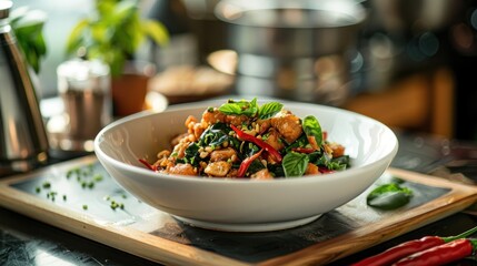 Spicy stir-fried basil or Phut Kra Pao is a street food of Thailand on a white plate on the table. - obrazy, fototapety, plakaty