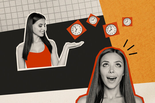 Composite photo collage of two young girls one show clock time timer other surprised shock deadline limit isolated on painted background