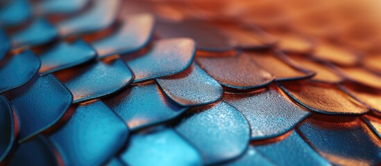 A detailed view showcasing the intricate texture of blue and gold leather up close. The combination of rich blue and golden hues creates a striking pattern with a luxurious feel.