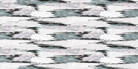 Obraz premium Vector hand drawn artistic oil messy dynamic brush strokes texture seamless pattern. Monotone grey splashes of paint on a black background. Abstract print with stains, drops, spots horizontal lines.