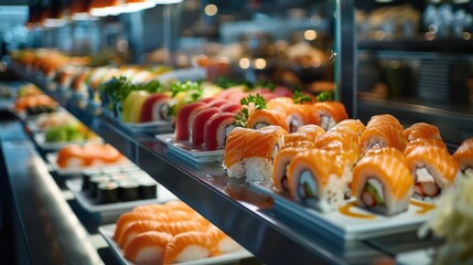 Sushi bar at the restaurant. Sushi buffet. Japanese food that is loved by many nationalities and is...