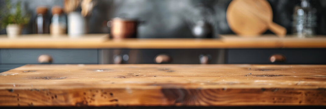 Empty   Natural  Wooden Table With A Kitchen Background, Banner Design