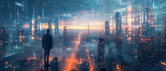 Futuristic cityscape with holographic displays, smart city concept