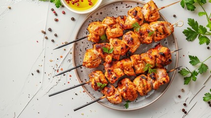 Top view of chicken kebabs on skewers on a plate on a light gray slate floor.
