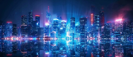 Futuristic cityscape with holographic displays, smart city concept