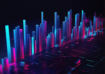 Blue and cyan neon bars chart business growth and development and financial data analysis, Stock market or forex trading graph. Generative AI