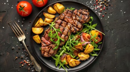 Top view of delicious grilled steak and coarse potatoes with vegetable salad served on plates.