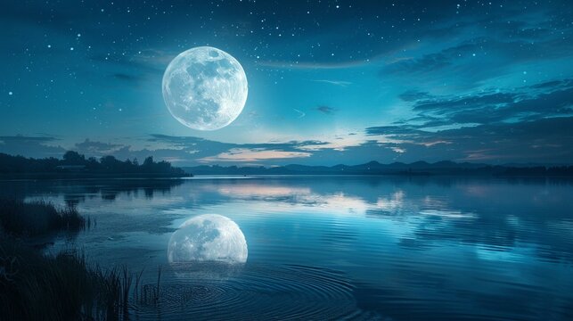 Full moon reflected in a calm lake, night sky, tranquil and mysterious