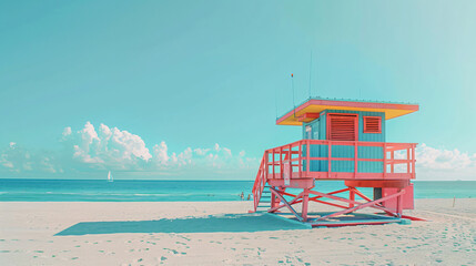Beautiful vibrant lifeguard towers on Miami Beach 