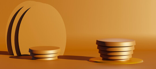 Luxury bronze podium with decorative objects. Stand to show products. Stage showcase with copy space. Gold Pedestal display. Banner size. Website cover template. 3D rendering.
