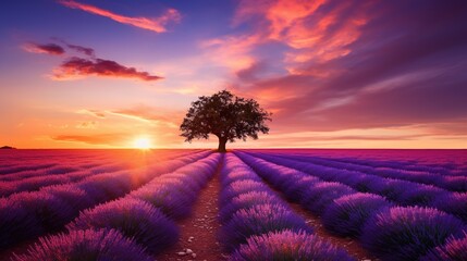 A breathtaking view of lavender fields at sunset, with a solitary tree standing against the vivid...