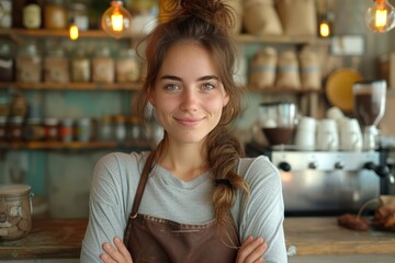 Happy female business owner behind the counter of a Coffee shop with crossed arms