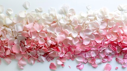 A gradient of pink to white rose petals scattered across a plain background, offering a delicate and romantic touch for design applications, ideal for backgrounds, wedding themes