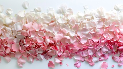 Obraz premium A gradient of pink to white rose petals scattered across a plain background, offering a delicate and romantic touch for design applications, ideal for backgrounds, wedding themes