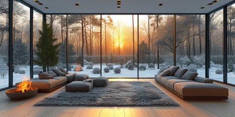 Modern interior design living room in Scandinavian style with a view on the frozen forest, Natural light in the room