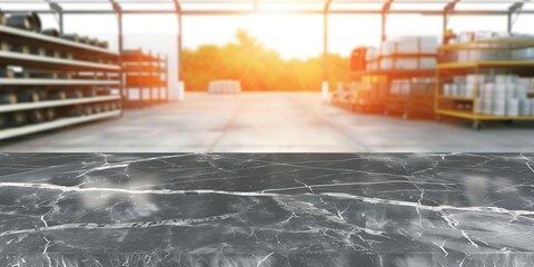 A table in an outdoor construction warehouse for product display montage. A marble table in a building materials storage area background. Tabletop for product display. Surface for ad. Blurring bg