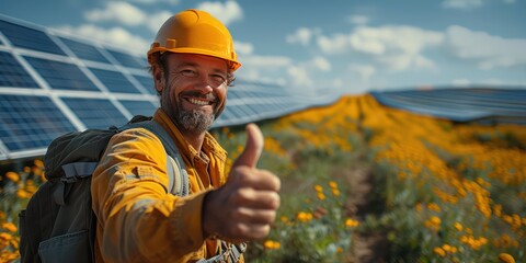Smart happy Electric Engineer putting thumbs up, look at camera a new solar panel in the field is background