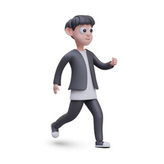Funny male character in black clothes is in hurry. Young man is running