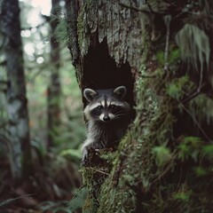 A raccoon perched inside a tree hollow, its gaze alert and curious, set in a lush forest scene, suitable for wildlife themes