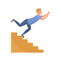 Fall accident on stairs, man falling down from slippery steps vector illustration