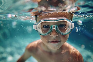 Naklejka premium Cute kid swims and dives underwater in the pool. Active healthy lifestyle, water sports and swimming lessons on summer holidays