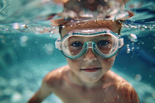 Cute kid swims and dives underwater in the pool. Active healthy lifestyle, water sports and swimming lessons on summer holidays