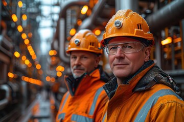 Two engineer men wearing hard hats and orange hi-vis clothing at an aluminum refinery, sun flare