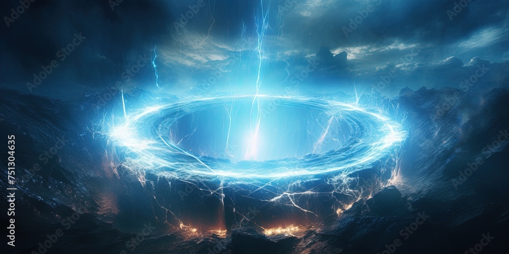 Poster a mesmerizing visual of electric energy forming a circular ring with intense lightning sparks agains