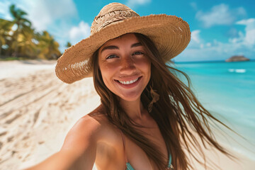 A young woman wearing a straw hat taking a selfie on a tropical beach