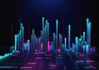 Blue and cyan neon bars chart business growth and development and financial data analysis, Stock market or forex trading graph. Generative AI - obrazy, fototapety, plakaty