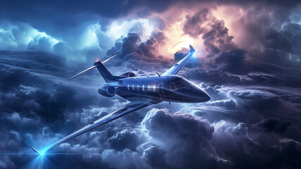 Private Jet Flying in the sky with dramatic storm clouds