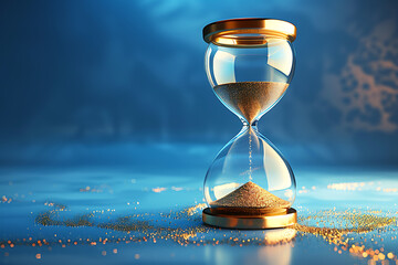 A blue backdrop with a golden hourglass within. Perfect for productivity and time management ideas - obrazy, fototapety, plakaty