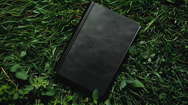 Black notebook on green grass Business and Education
