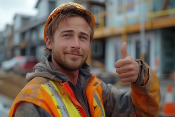 Construction Builder, Home improvement technician putting thumbs up after work success, look at the camera, a new home in the background