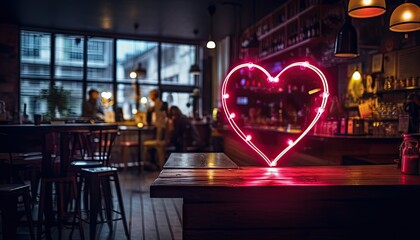 A heart shaped neon sign is placed on top of a wooden table in a trendy cafe setting, creating a warm and inviting atmosphere