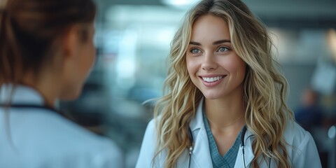 Fototapeta premium Female doctor with tablet pc computer talking to smiling woman patient at hospital
