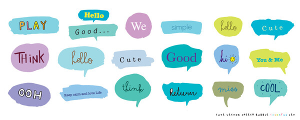 Cute vector speech bubble colorful set,Hand drawn set of speech bubbles with handwritten for book ,card, business, poster design. Vector illustration design for fashion fabrics, textile graphics
