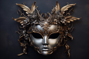 Intricate metallic venetian mask with ornate designs displayed on a black surface