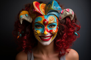 Vibrant masquerade mask on a woman with curly red hair