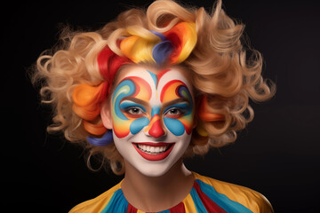 Smiling clown with vibrant face paint and curly multicolored wig against a dark backdrop